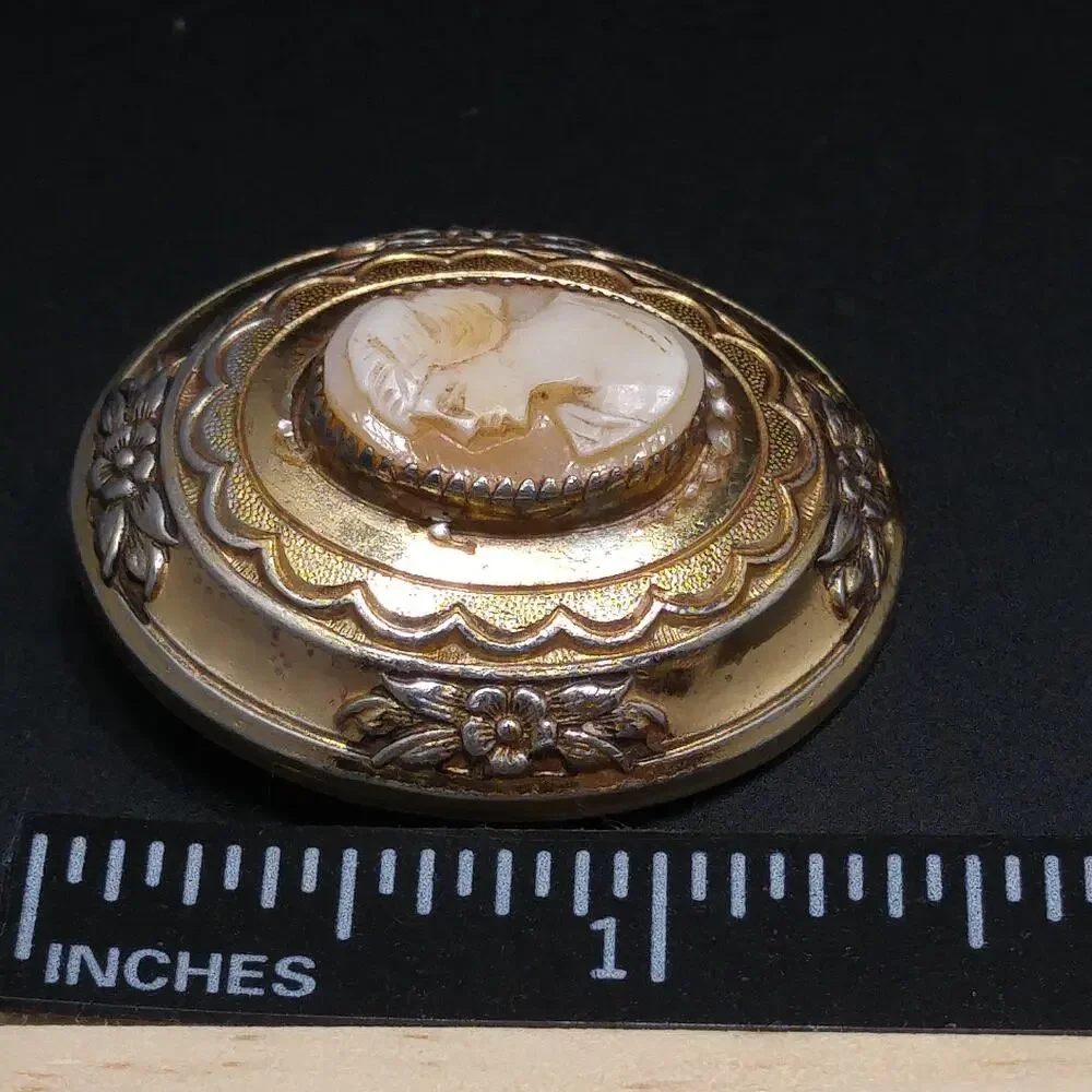 Coro Shell Carved Cameo Brooch, Gold Over Silver, 1950s Vintage Jewelry